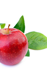 closeup view on red apple with leaves Isolated