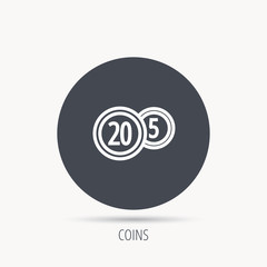 Coins icon. Cash money sign. Bank finance symbol. Twenty and five cents. Round web button with flat icon. Vector