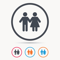 Couple icon. Traditional young family symbol. Colored circle buttons with flat web icon. Vector