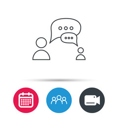 Dialog icon. Chat speech bubbles sign. Discussion messages symbol. Group of people, video cam and calendar icons. Vector