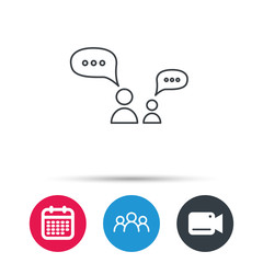 Dialog icon. Chat speech bubbles sign. Discussion messages symbol. Group of people, video cam and calendar icons. Vector