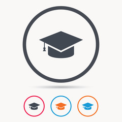 Education icon. Graduation cap symbol. Colored circle buttons with flat web icon. Vector