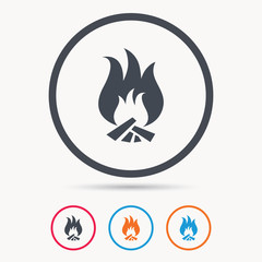 Fire icon. Blazing bonfire flame symbol. Colored circle buttons with flat web icon. Vector