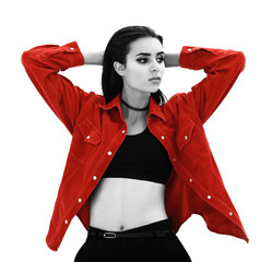Young woman with color accent in fashion look on white background