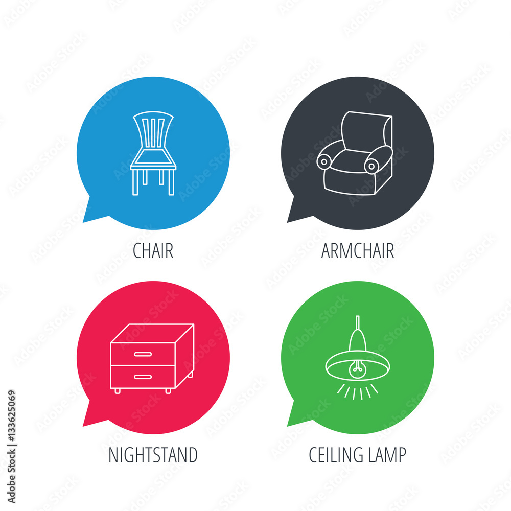 Poster colored speech bubbles. ceiling lamp, nightstand and armchair icons. chair linear sign. flat web but