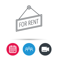 For rent icon. Advertising banner tag sign. Group of people, video cam and calendar icons. Vector