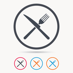 Fork and knife icons. Cutlery symbol. Colored circle buttons with flat web icon. Vector