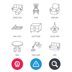 Fototapeta premium Achievement and search magnifier signs. Corner sofa, table and armchair icons. Chair, ceiling lamp and nightstand linear signs. Wall shelf furniture flat line icons. Hazard attention icon. Vector