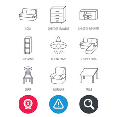 Achievement and search magnifier signs. Corner sofa, table and armchair icons. Chair, ceiling lamp and chest of drawers linear signs. Shelving, furniture flat line icons. Hazard attention icon. Vector