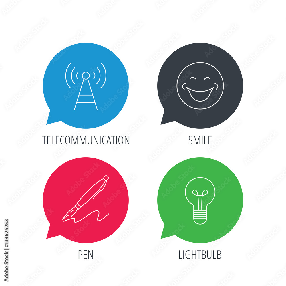 Poster colored speech bubbles. pen, telecommunication and lightbulb icons. smiling face linear sign. flat w