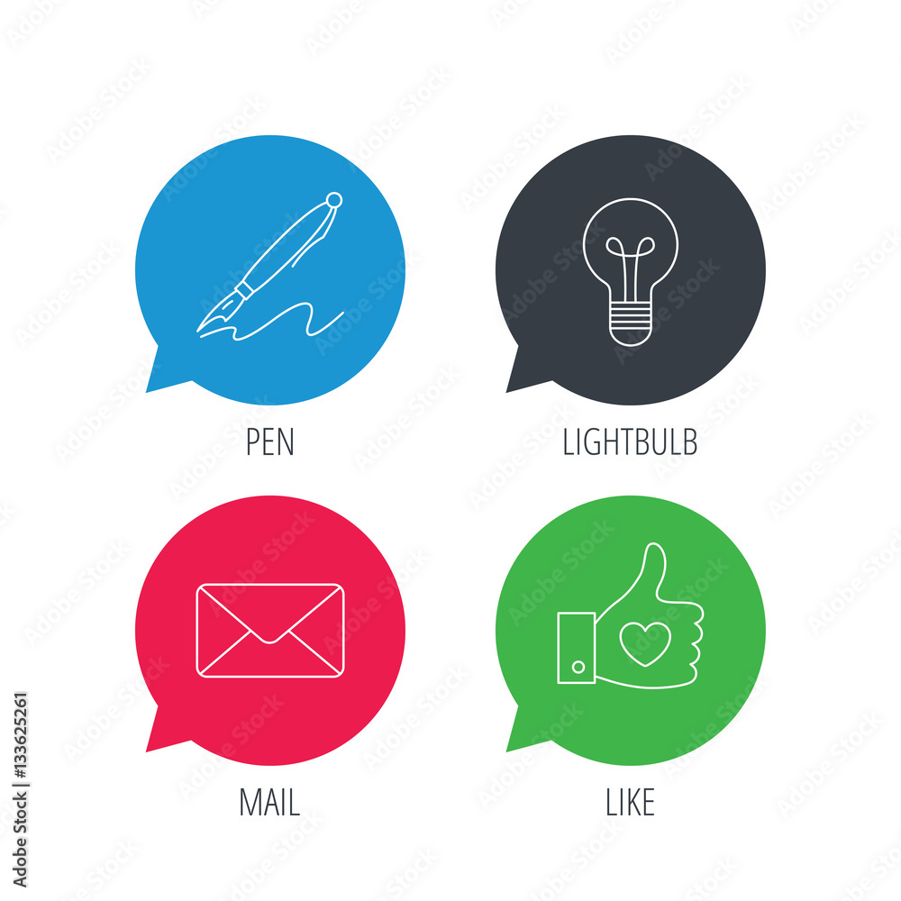 Poster colored speech bubbles. mail, heart and lightbulb icons. pen linear sign. flat web buttons with line