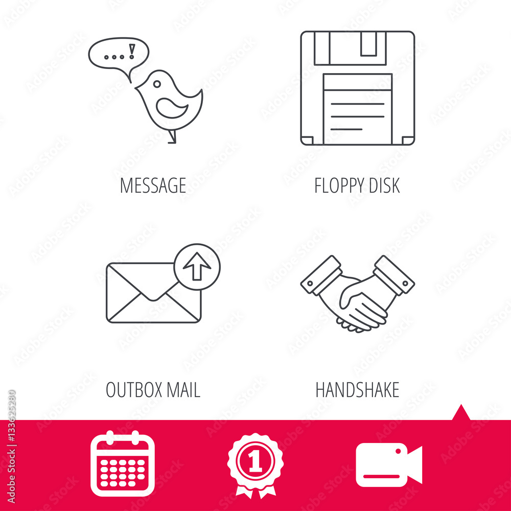 Poster achievement and video cam signs. outbox mail, message and handshake icons. floppy disk linear sign. 