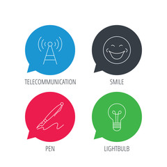 Colored speech bubbles. Pen, telecommunication and lightbulb icons. Smiling face linear sign. Flat web buttons with linear icons. Vector