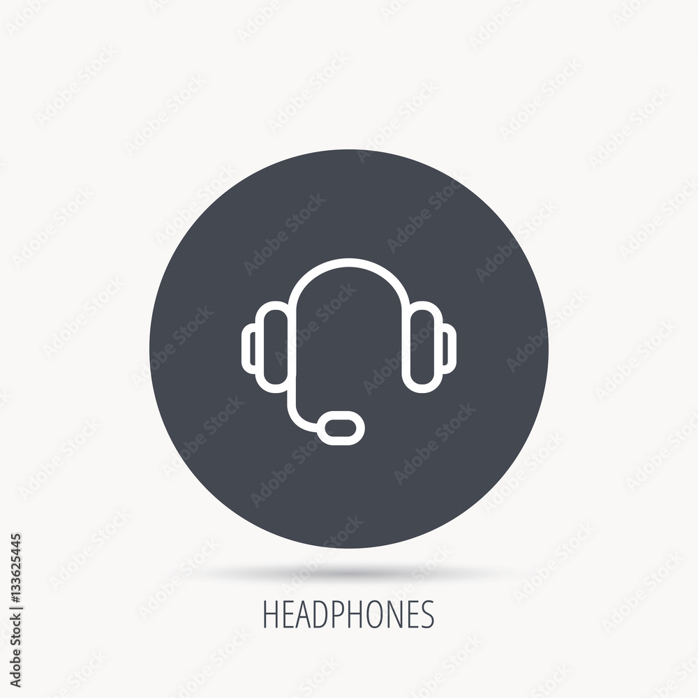 Poster Headphones with microphone icon. Musical notes signs. Round web button with flat icon. Vector