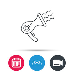 Hairdryer icon. Electronic blowdryer sign. Hairdresser equipment symbol. Group of people, video cam and calendar icons. Vector