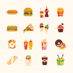 Fototapeta na wymiar Fast Food Cafe Menu Icons Set
