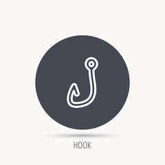 Obraz premium Fishing hook icon. Fisherman equipment sign. Angling symbol. Round web button with flat icon. Vector