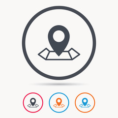 Location icon. Map pointer symbol. Colored circle buttons with flat web icon. Vector