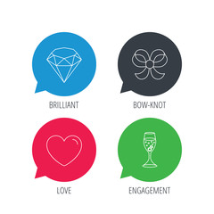 Colored speech bubbles. Love heart, brilliant and engagement ring icons. Bow-knot linear sign. Flat web buttons with linear icons. Vector