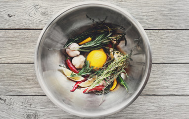 Cooking ingredients background, herbs and seasoning bowl