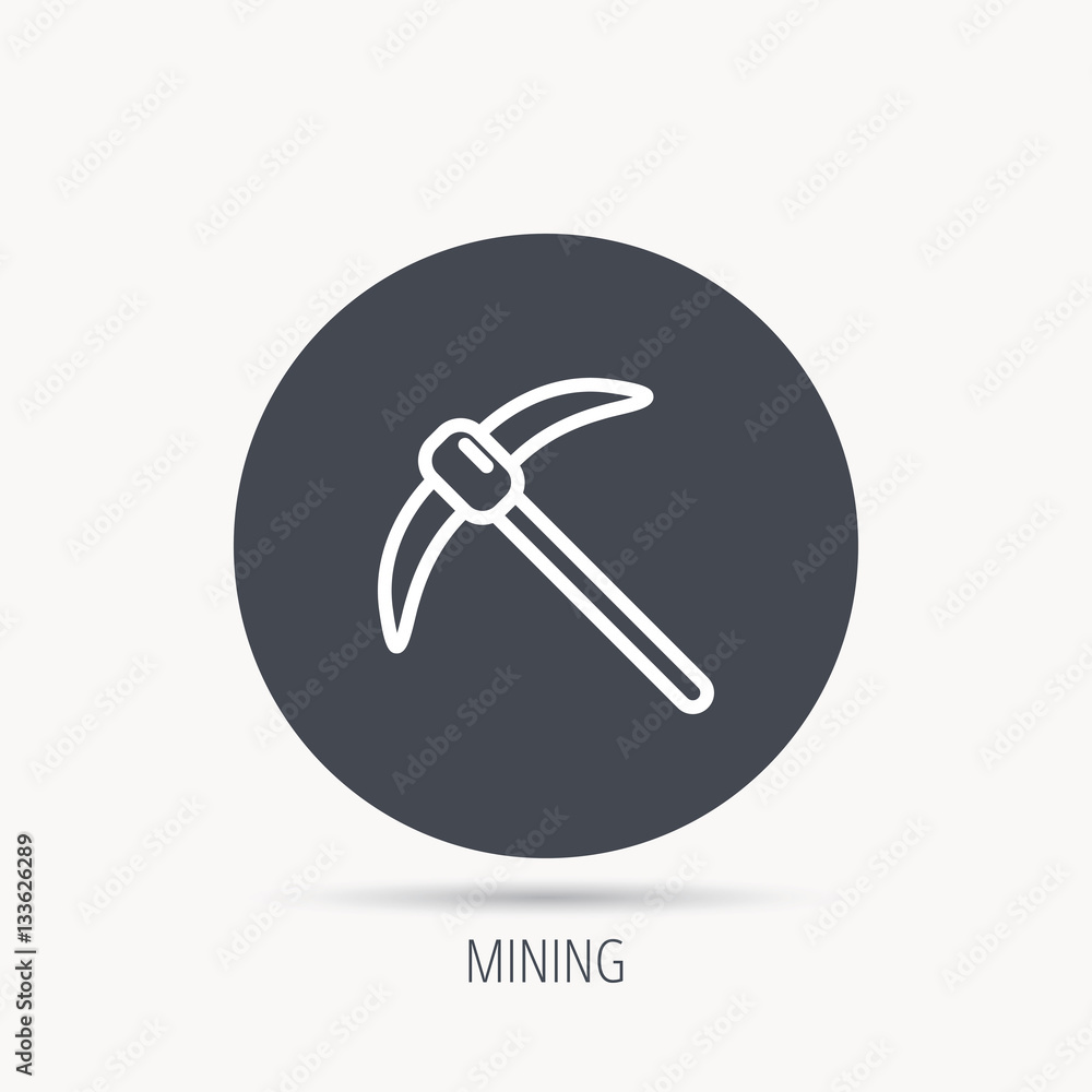 Poster mining tool icon. pickaxe equipment sign. minerals industry symbol. round web button with flat icon.