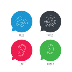 Colored speech bubbles. Medical pills, virus and ear icons. Kidney linear sign. Flat web buttons with linear icons. Vector