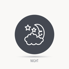 Night or sleep icon. Moon and stars sign. Crescent astronomy symbol. Round web button with flat icon. Vector