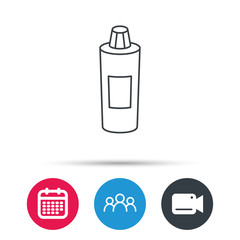Shampoo bottle icon. Liquid soap sign. Group of people, video cam and calendar icons. Vector