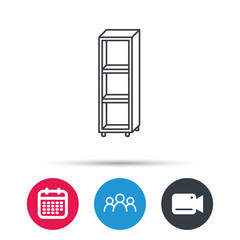 Empty shelves icon. Shelving sign. Group of people, video cam and calendar icons. Vector