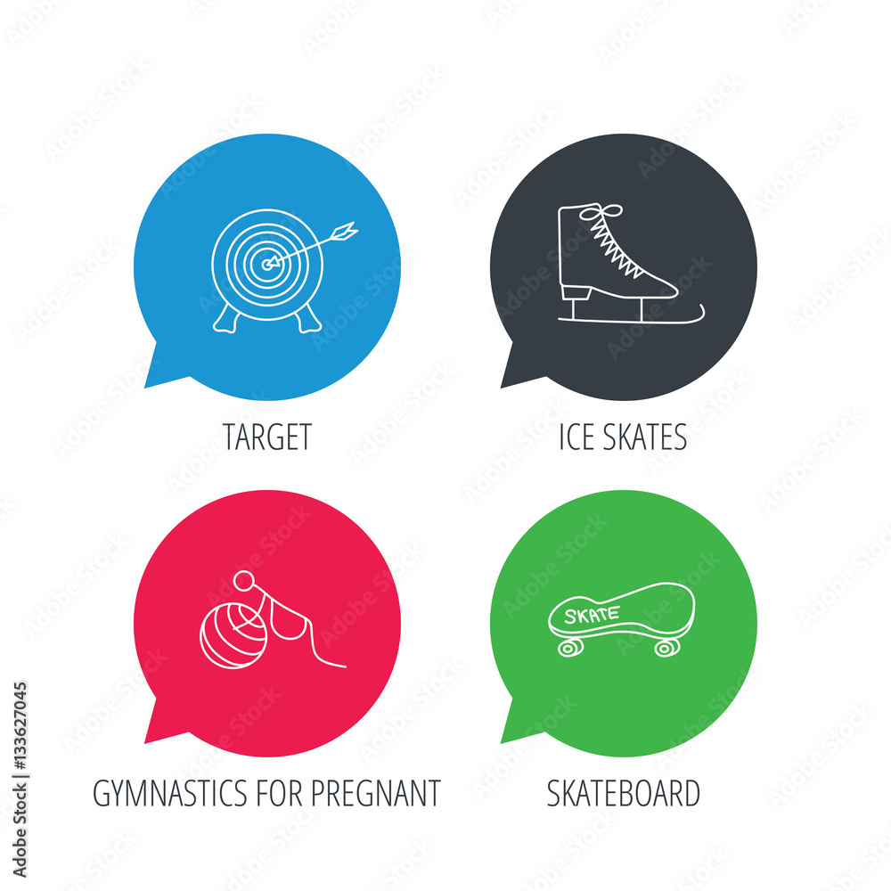 Poster colored speech bubbles. target, ice skates and skateboard icons. gymnastics for pregnant linear sign