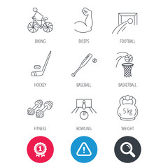 Achievement and search magnifier signs. Ice hockey, football and basketball icons. Fitness sport, baseball and bowling linear signs. Biking, weightlifting icons. Hazard attention icon. Vector