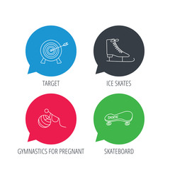 Colored speech bubbles. Target, ice skates and skateboard icons. Gymnastics for pregnant linear sign. Flat web buttons with linear icons. Vector