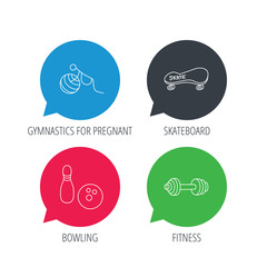 Colored speech bubbles. Bowling, skateboard and fitness sport icons. Gymnastics for pregnant linear sign. Flat web buttons with linear icons. Vector