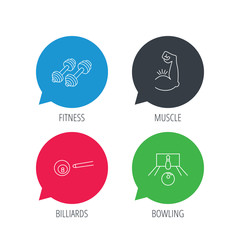 Colored speech bubbles. Billiards, bowling and fitness sport icons. Muscle linear sign. Flat web buttons with linear icons. Vector