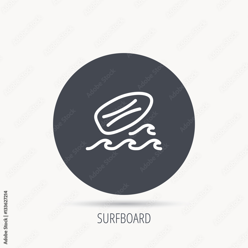 Poster surfboard icon. surfing waves sign. round web button with flat icon. vector