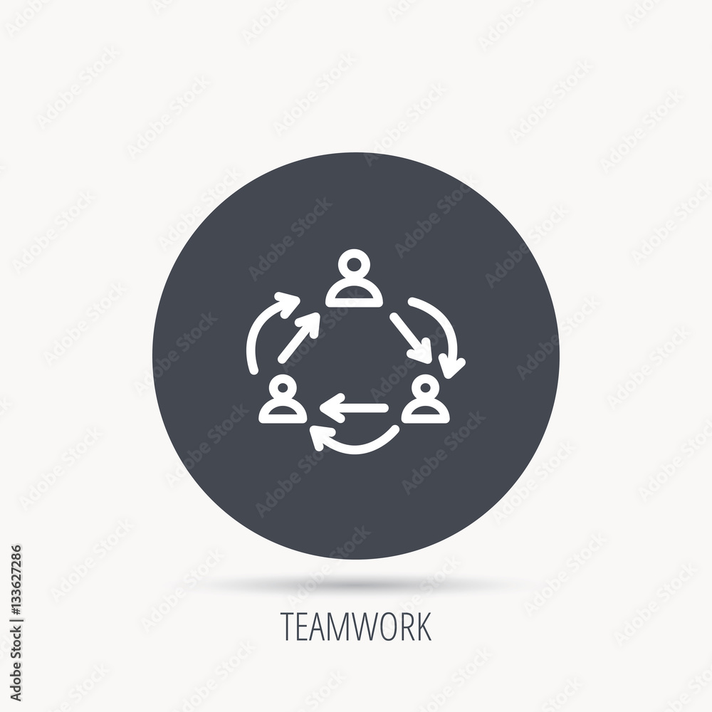 Poster teamwork icon. office working process sign. communication employees symbol. round web button with fl