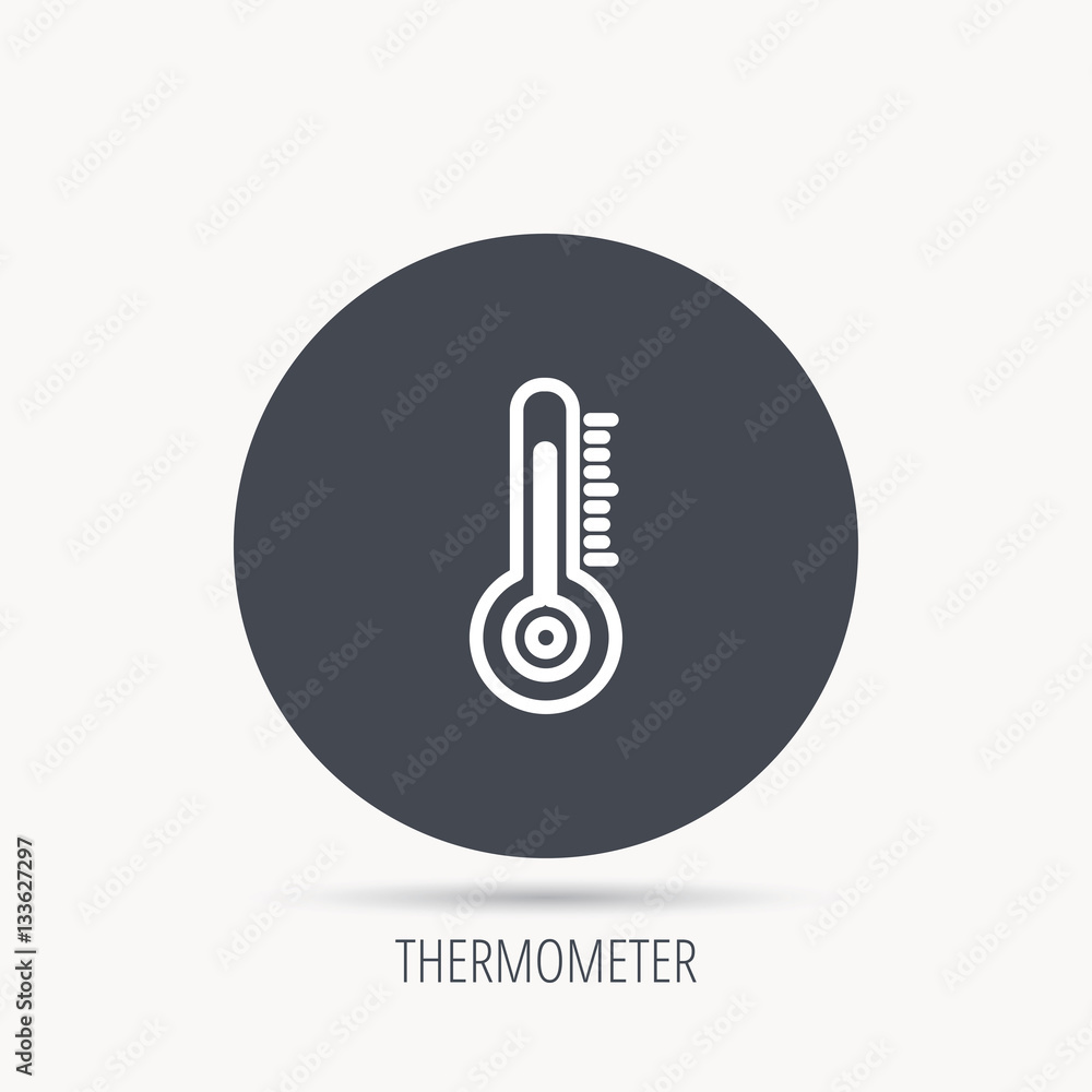 Poster thermometer icon. weather temperature sign. meteorology symbol. round web button with flat icon. vec