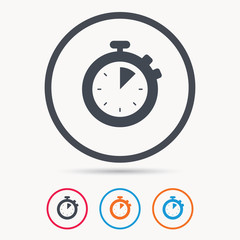 Stopwatch icon. Timer or clock device symbol. Colored circle buttons with flat web icon. Vector