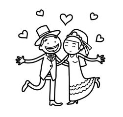 Newlywed Couple Just Married Doodle, a hand drawn vector cartoon illustration of a wedding couple.