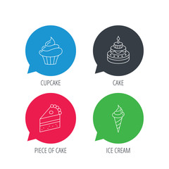 Colored speech bubbles. Cake, cupcake and ice cream icons. Piece of cake linear sign. Flat web buttons with linear icons. Vector