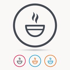 Tea cup icon. Hot coffee drink symbol. Colored circle buttons with flat web icon. Vector