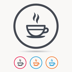 Tea cup icon. Hot coffee drink symbol. Colored circle buttons with flat web icon. Vector