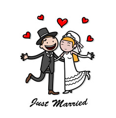 Just Married Newlywed Couple, a hand drawn vector cartoon illustration of a wedding couple.