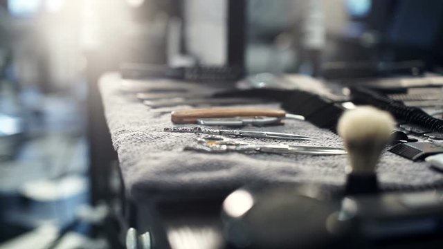 Close barber tools Plan razor scisors in barbershop