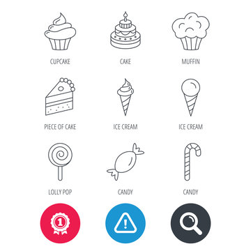 Achievement and search magnifier signs. Cake, candy and muffin icons. Cupcake, ice cream and lolly pop linear signs. Piece of cake icon. Hazard attention icon. Vector