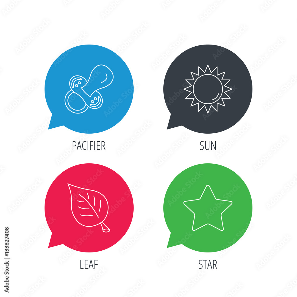 Poster colored speech bubbles. leaf, star and sun icons. pacifier linear sign. flat web buttons with linear
