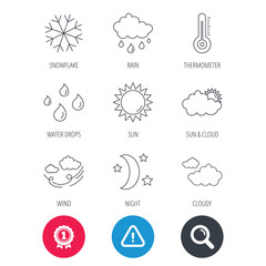 Achievement and search magnifier signs. Weather, sun and rain icons. Moon night, clouds and water drops linear signs. Wind, snowflakes and thermometer flat line icons. Hazard attention icon. Vector