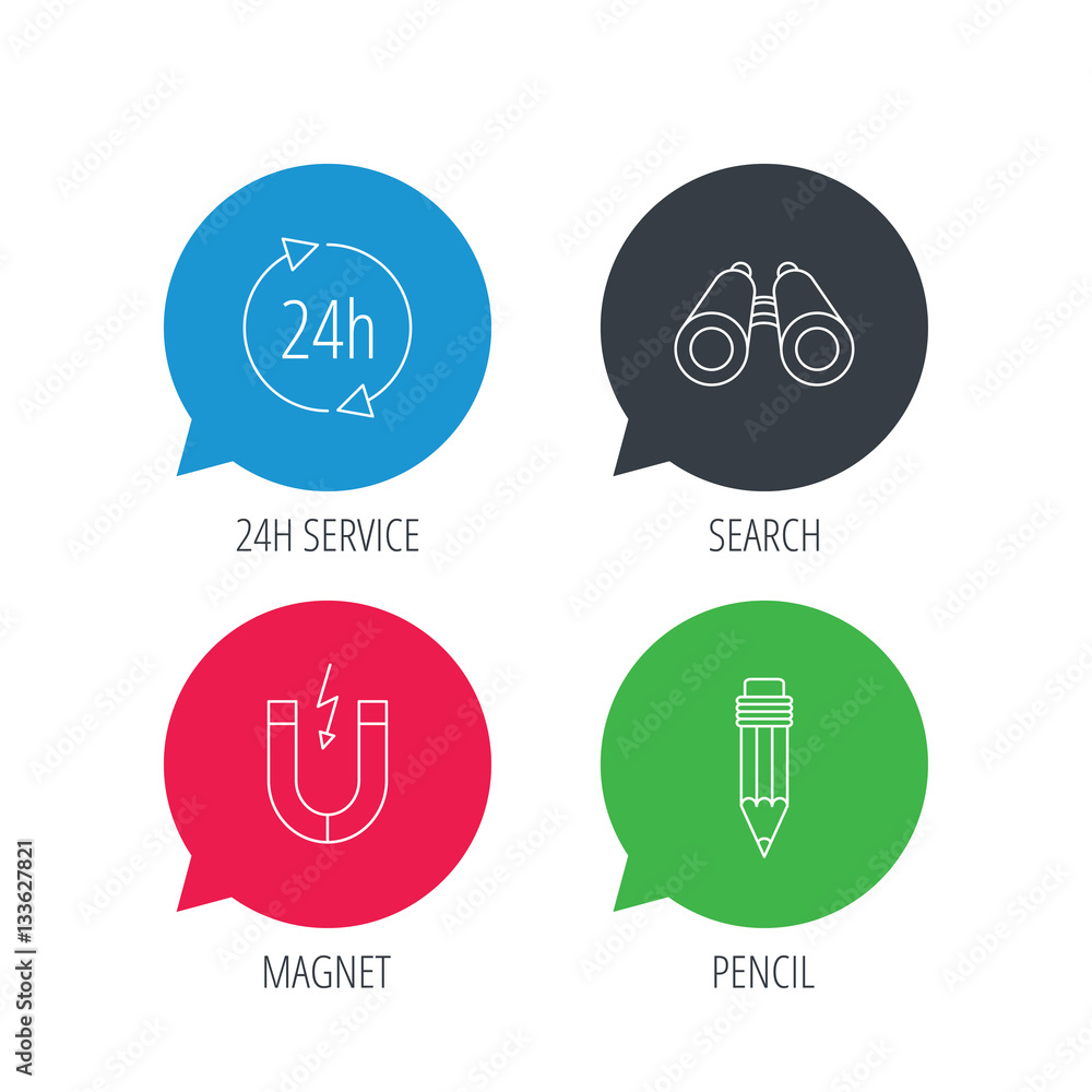 Poster colored speech bubbles. 24h service, pencil and magnet icons. search linear sign. flat web buttons w