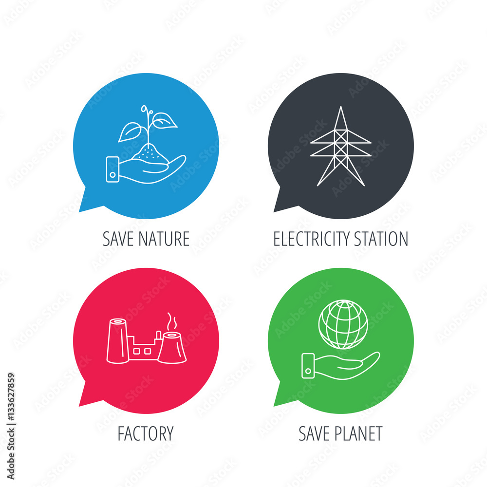 Poster colored speech bubbles. save nature, planet and factory icons. electricity station linear sign. flat