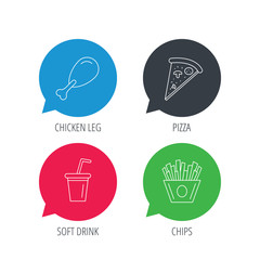 Colored speech bubbles. Pizza, pizza and soft drink icons. Chicken leg linear sign. Flat web buttons with linear icons. Vector